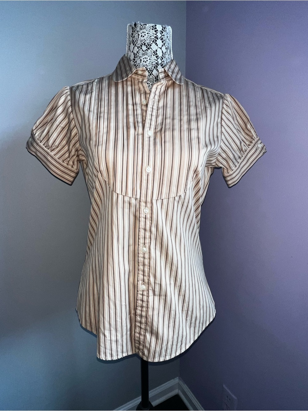 NWT Vintage Ralph Lauren Sport Striped Short Sleeve Button Down Blouse Sz 8.